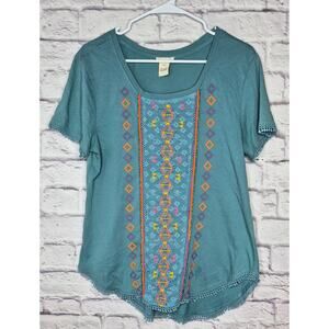 Sundance Beaded Embroidered Boho Tee Shirt Blue Teal Crochet Lace Trim M Medium
